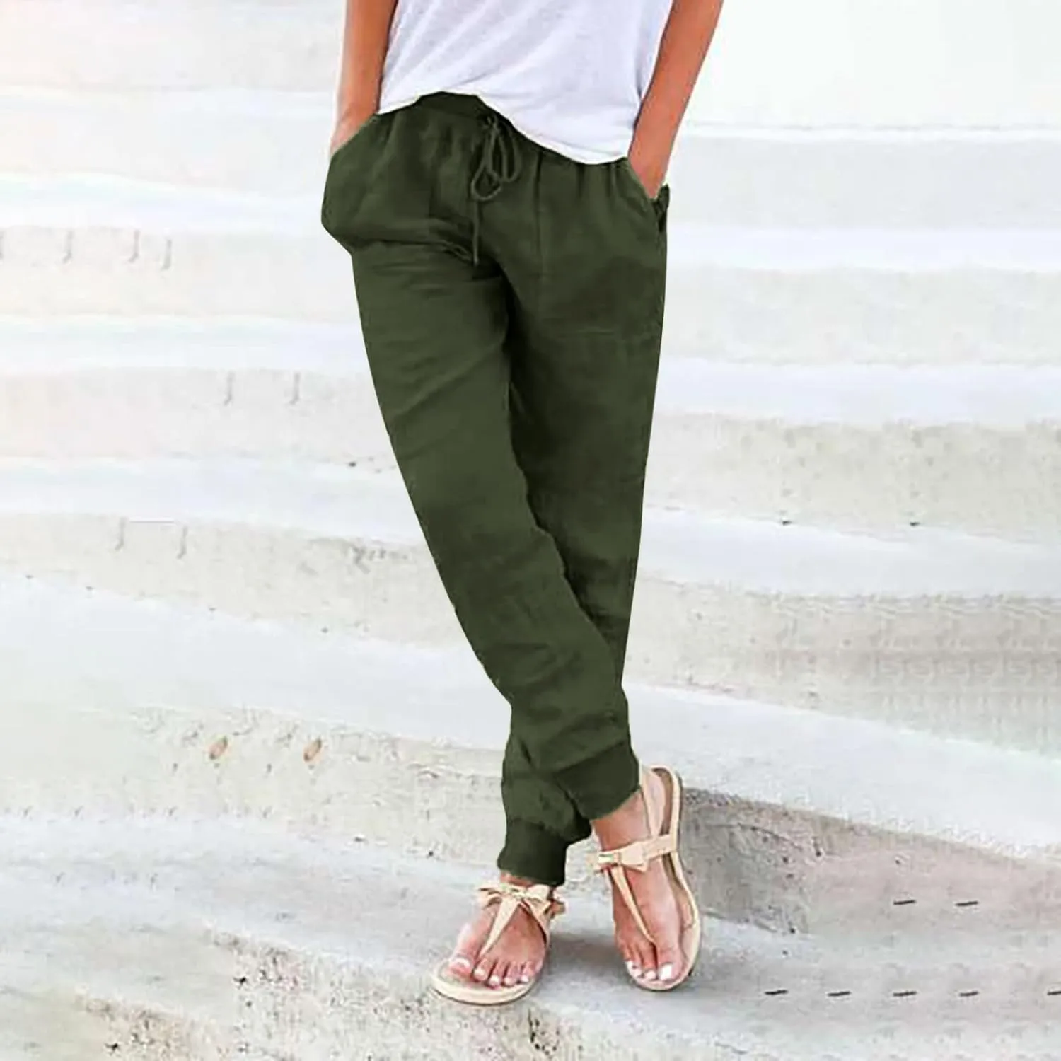 Women Linen Blend Summer Striped Palazzo Pants Elastic Waist Baggy Stretchy Slim-Fit Palazzo Lounge Pants
