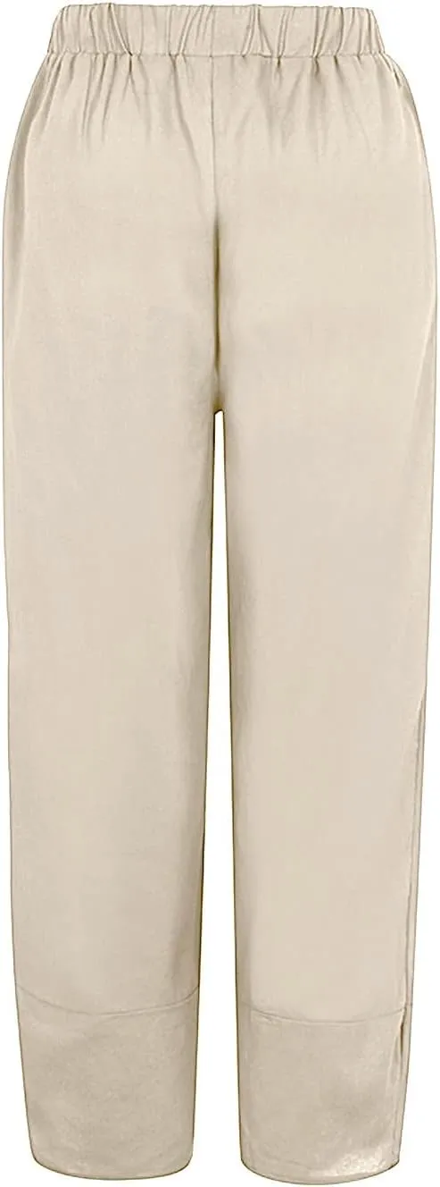 Women Linen Blend Summer Y2K Fashion Palazzo Pants High Waist Straight Slim-Fit Pant Trousers Work Business