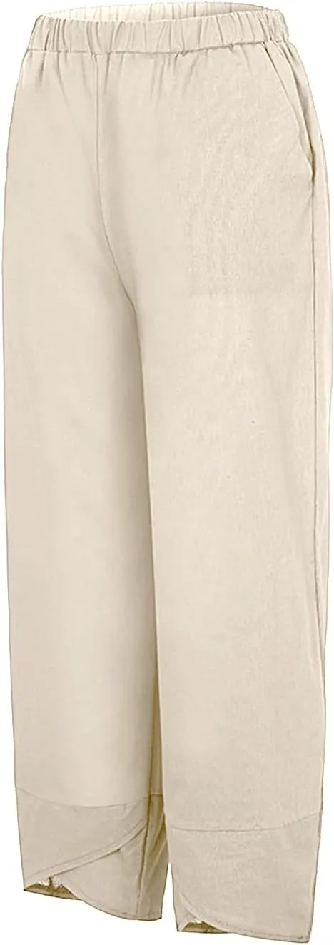 Women Linen Blend Summer Y2K Fashion Palazzo Pants High Waist Straight Slim-Fit Pant Trousers Work Business