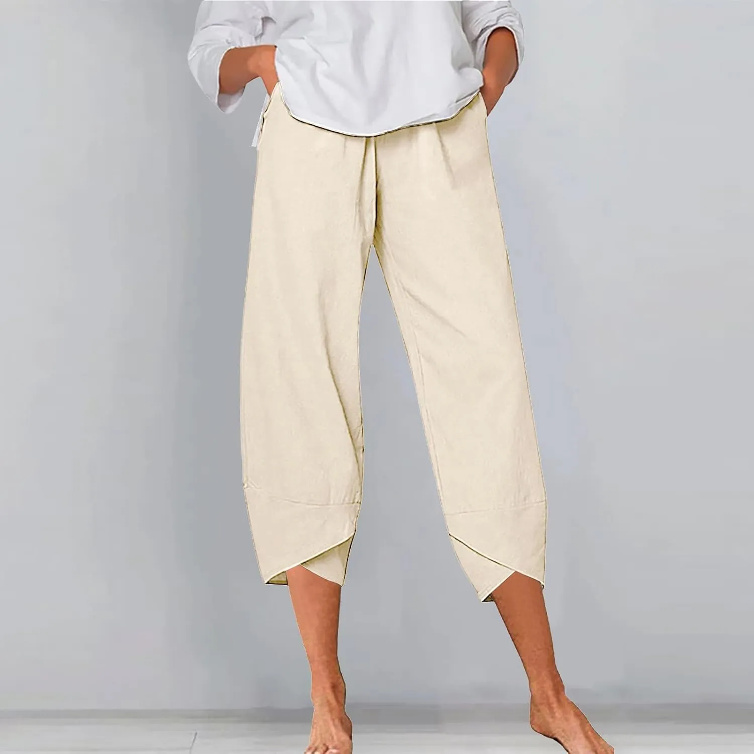 Women Linen Blend Summer Y2K Fashion Palazzo Pants High Waist Straight Slim-Fit Pant Trousers Work Business