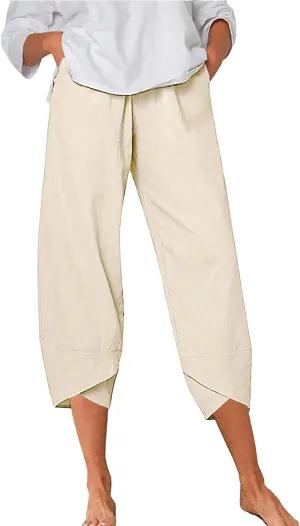 Women Linen Blend Summer Y2K Fashion Palazzo Pants High Waist Straight Slim-Fit Pant Trousers Work Business