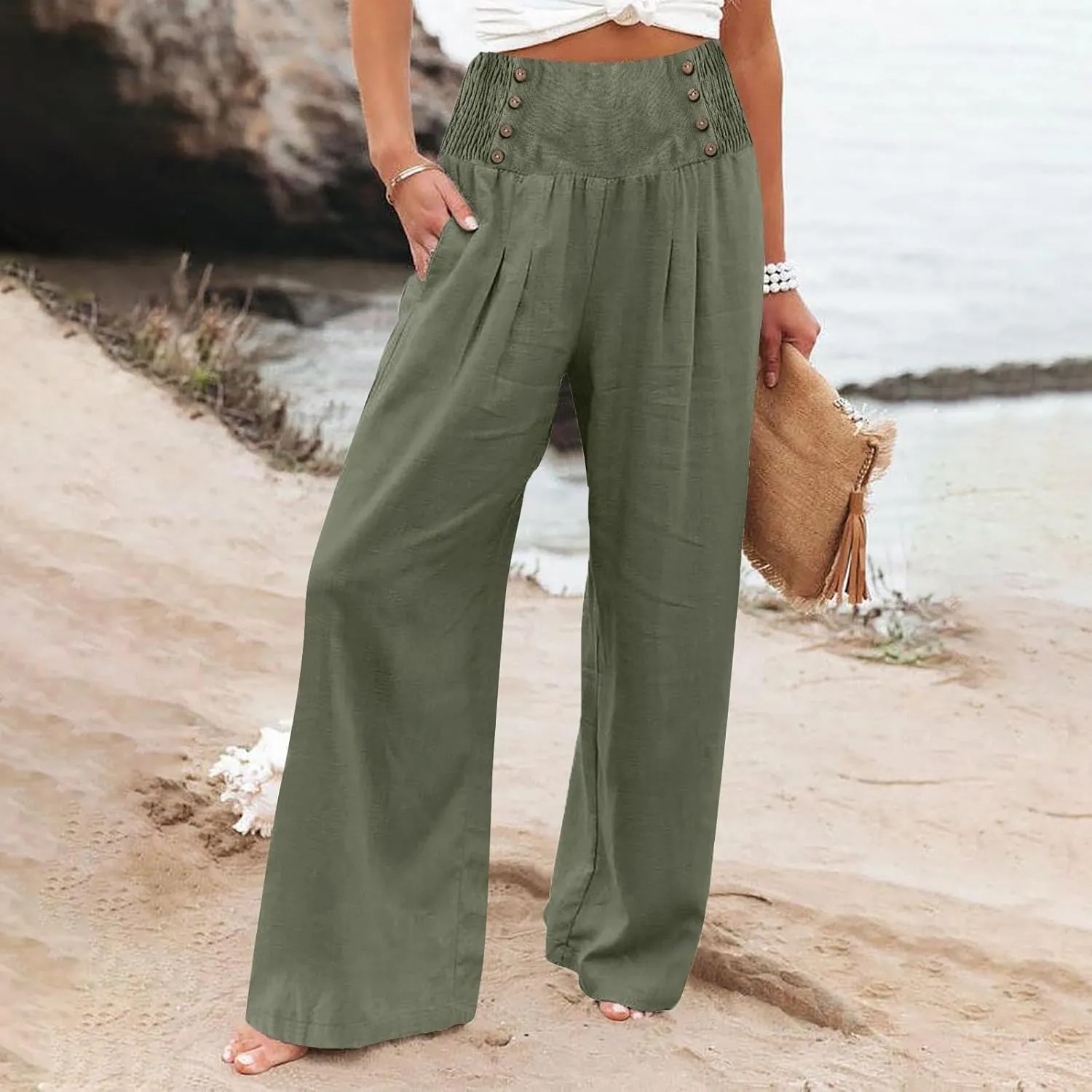 Women Linen Palazzo Pants Summer Trendy Wide Leg High Waist Casual Lounge Pant 2025 Beach Travel Vacation Outfits