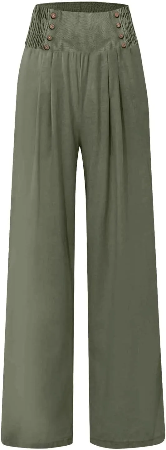 Women Linen Palazzo Pants Summer Trendy Wide Leg High Waist Casual Lounge Pant 2025 Beach Travel Vacation Outfits