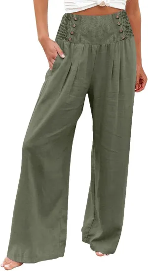 Women Linen Palazzo Pants Summer Trendy Wide Leg High Waist Casual Lounge Pant 2025 Beach Travel Vacation Outfits