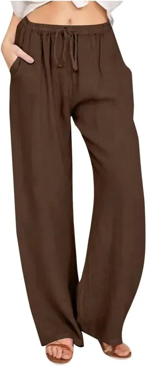 Women Linen Pants Summer Wide Leg Casual Loose Drawstring High Waist Palazzo Pants Trousers with Pockets Women's