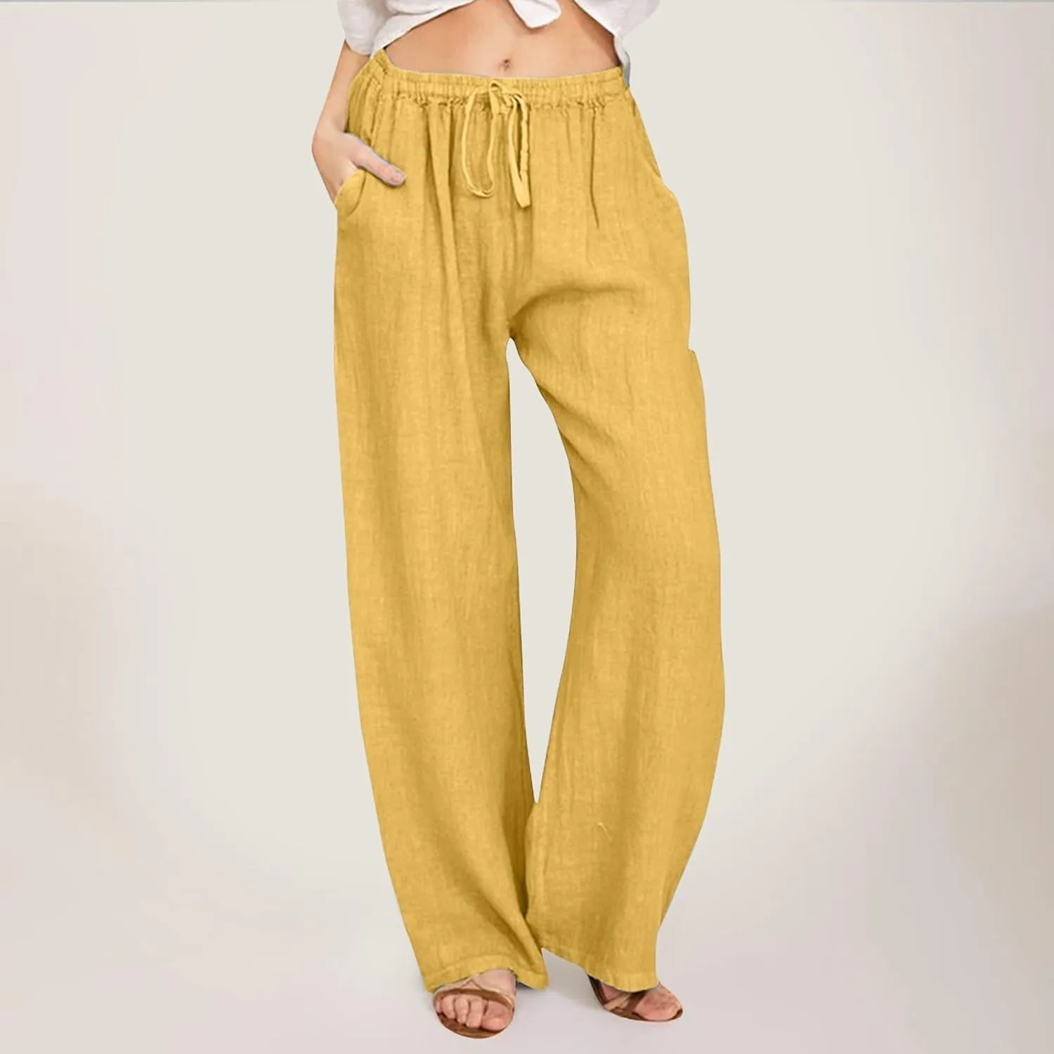Women Linen Summer Casual Loose Pants Low Waist Long Lounge Loose Fit Trouser Office
