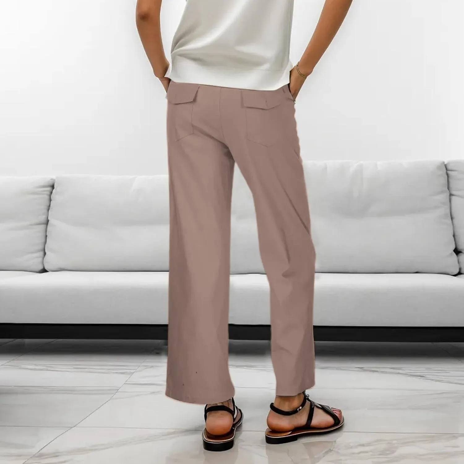 Women Linen Summer Floral Palazzo Lounge Pants Elastic Waisted Bootcut Slim-Fit Trouser Business Work