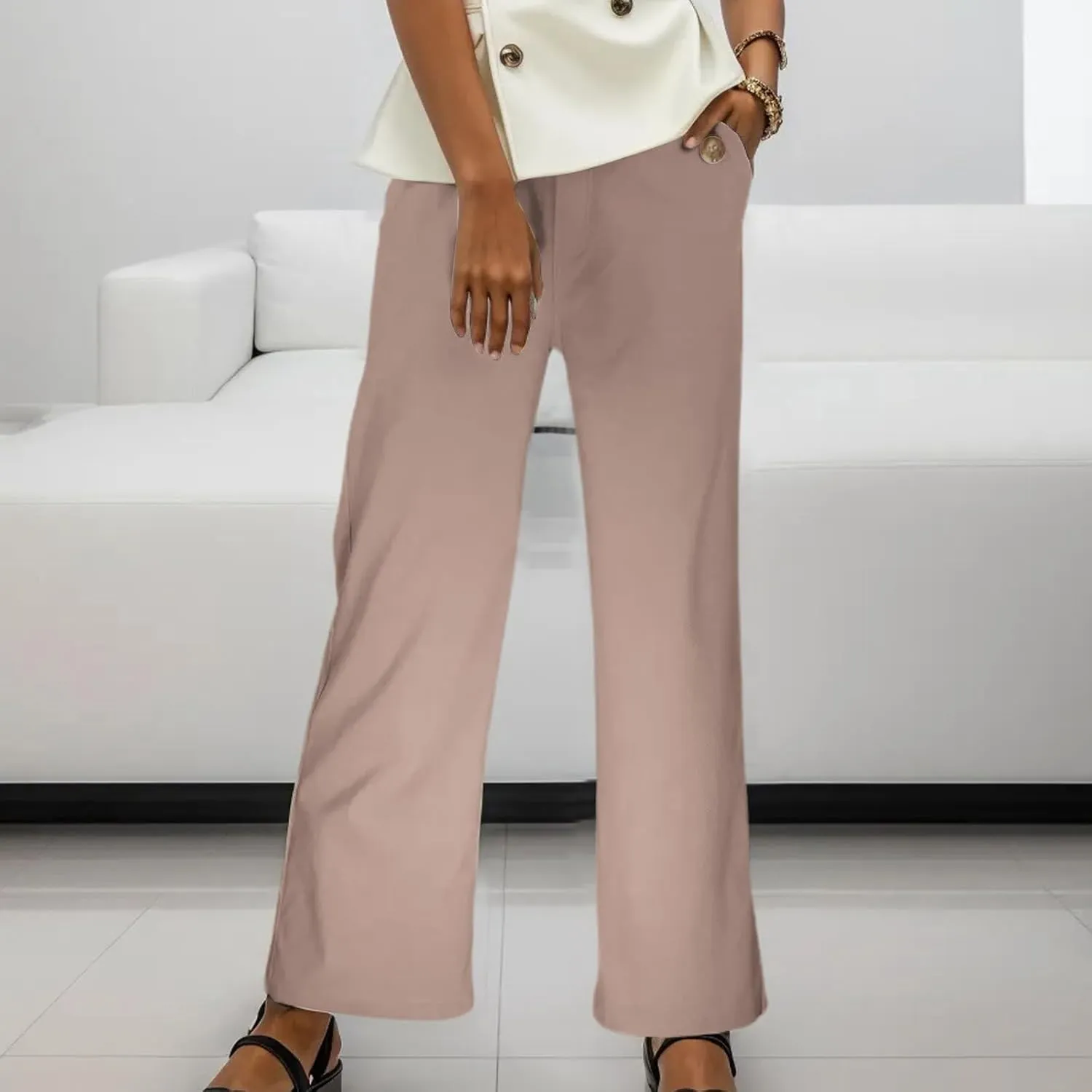 Women Linen Summer Floral Palazzo Lounge Pants Elastic Waisted Bootcut Slim-Fit Trouser Business Work