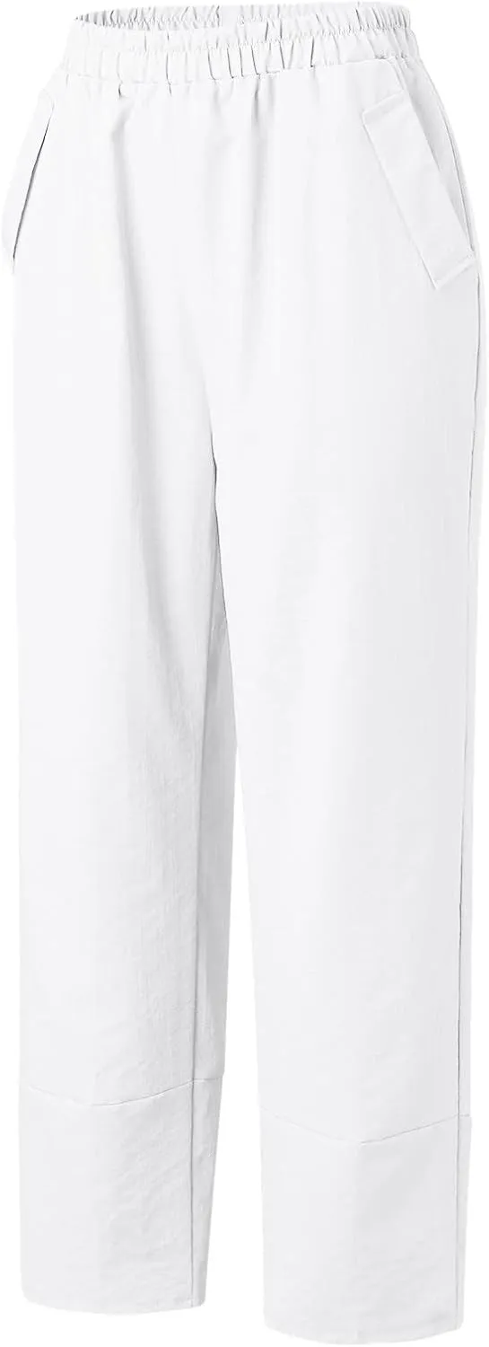 Women Linen Summer Flowy Palazzo Lounge Pants Elastic Waist Bootcut Slim Fit Trousers Trendy
