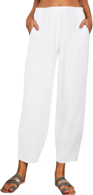 Women Linen Summer Flowy Palazzo Lounge Pants Elastic Waist Bootcut Slim Fit Trousers Trendy
