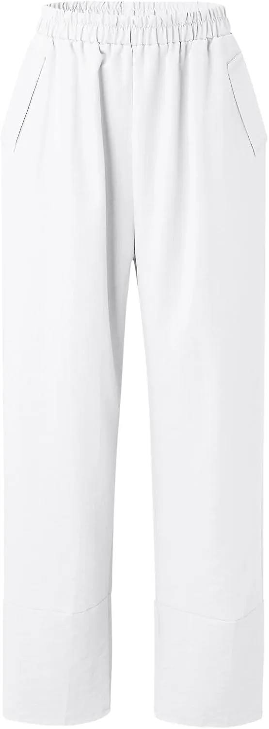 Women Linen Summer Flowy Palazzo Lounge Pants Elastic Waist Bootcut Slim Fit Trousers Trendy