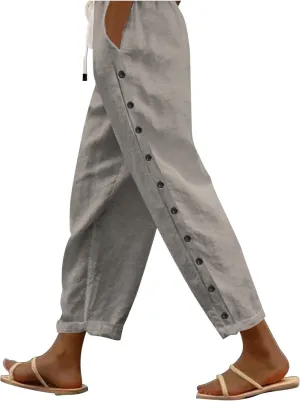 Women Linen Summer Loose Flowy Pant Trousers Low Waist Wide Leg Slim-Fit Palazzo Lounge Pants Work Business