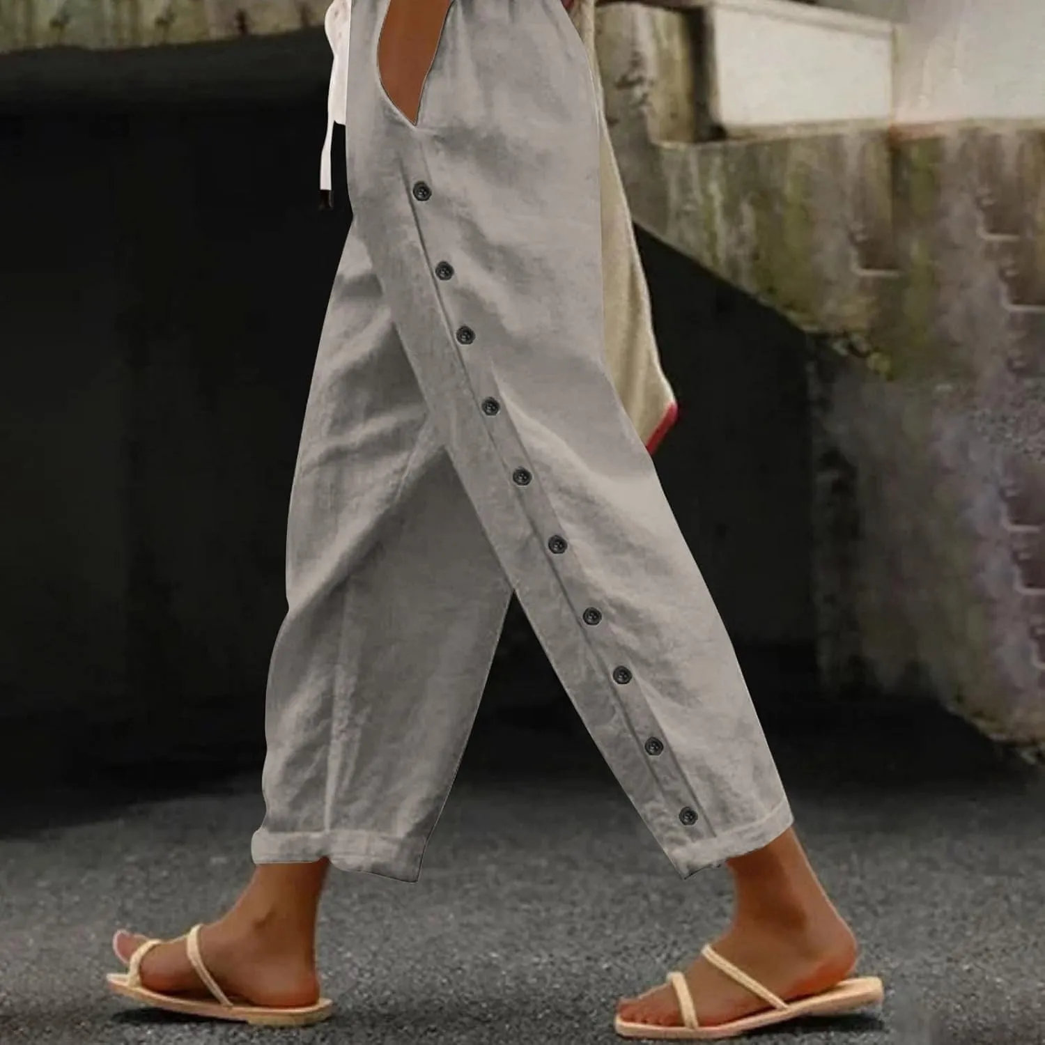 Women Linen Summer Loose Flowy Pant Trousers Low Waist Wide Leg Slim-Fit Palazzo Lounge Pants Work Business