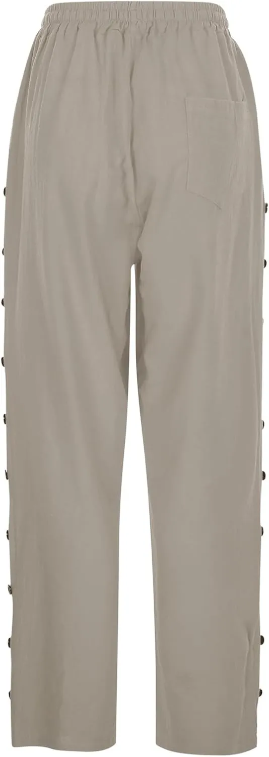 Women Linen Summer Loose Flowy Pant Trousers Low Waist Wide Leg Slim-Fit Palazzo Lounge Pants Work Business