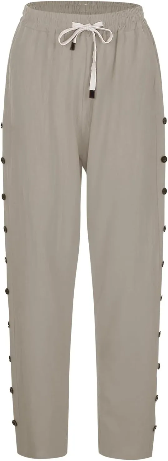 Women Linen Summer Loose Flowy Pant Trousers Low Waist Wide Leg Slim-Fit Palazzo Lounge Pants Work Business