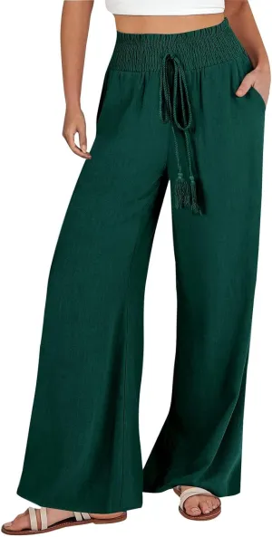 Women Linen Summer Split Flowy Palazzo Pants Low Waist Ankle Length Slim Fit Palazzo Pants Business Work