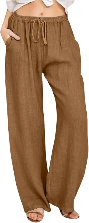 Women Linen Summer Striped Palazzo Pants High Waist Ankle Length Slim Fit Palazzo Pants Beach