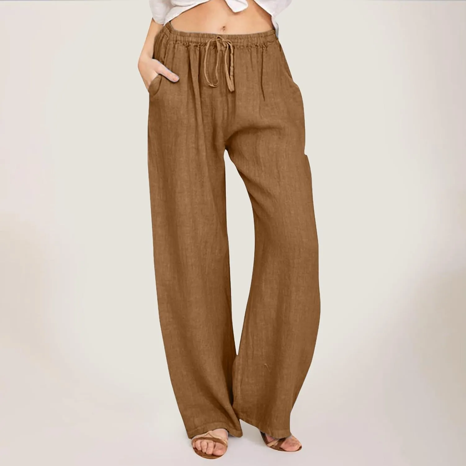 Women Linen Summer Striped Palazzo Pants High Waist Ankle Length Slim Fit Palazzo Pants Beach