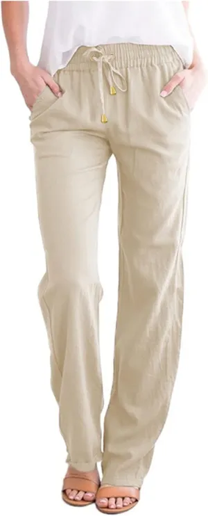 Women Linen Summer Trendy Pants Elastic Waist Ankle Length Slim Fit Pant Trousers Office