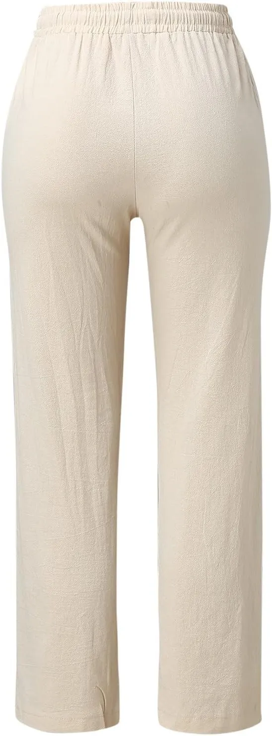 Women Linen Summer Trendy Pants Elastic Waist Ankle Length Slim Fit Pant Trousers Office