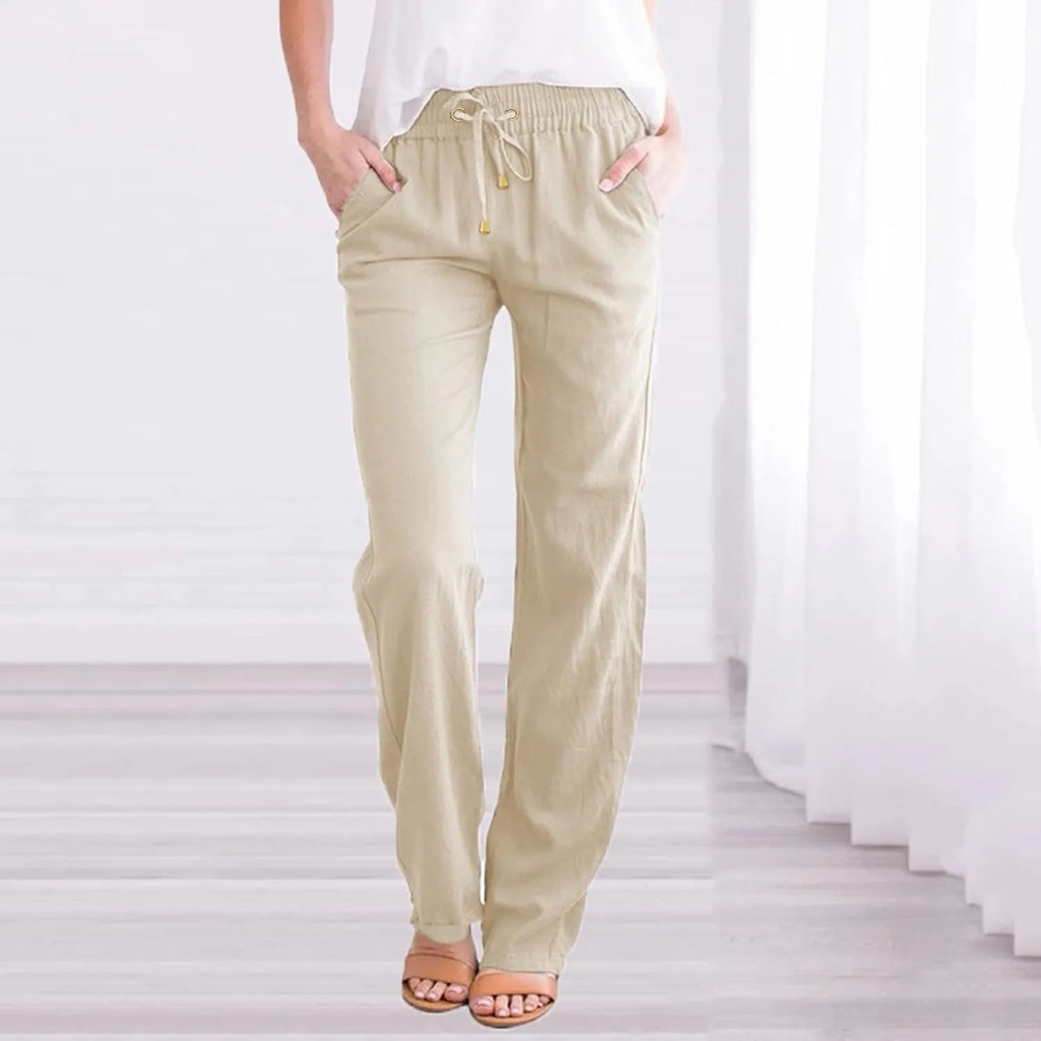 Women Linen Summer Trendy Pants Elastic Waist Ankle Length Slim Fit Pant Trousers Office