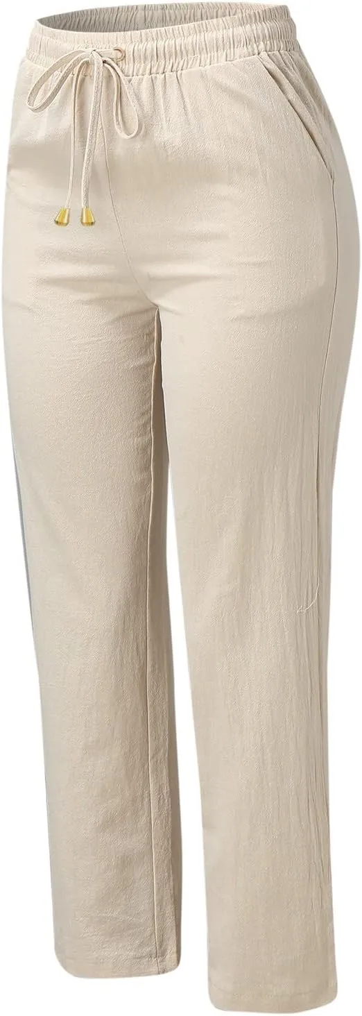 Women Linen Summer Trendy Pants Elastic Waist Ankle Length Slim Fit Pant Trousers Office