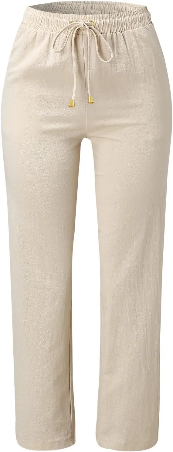 Women Linen Summer Trendy Pants Elastic Waist Ankle Length Slim Fit Pant Trousers Office
