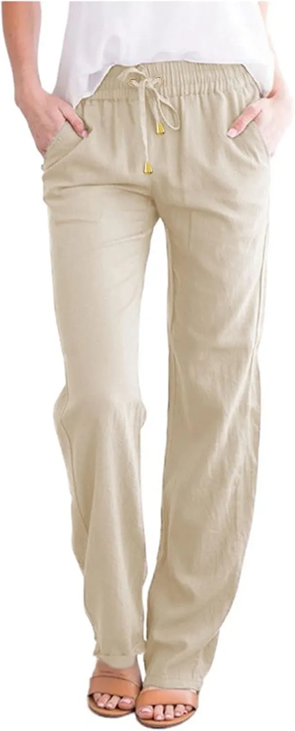 Women Linen Summer Trendy Pants Elastic Waist Ankle Length Slim Fit Pant Trousers Office