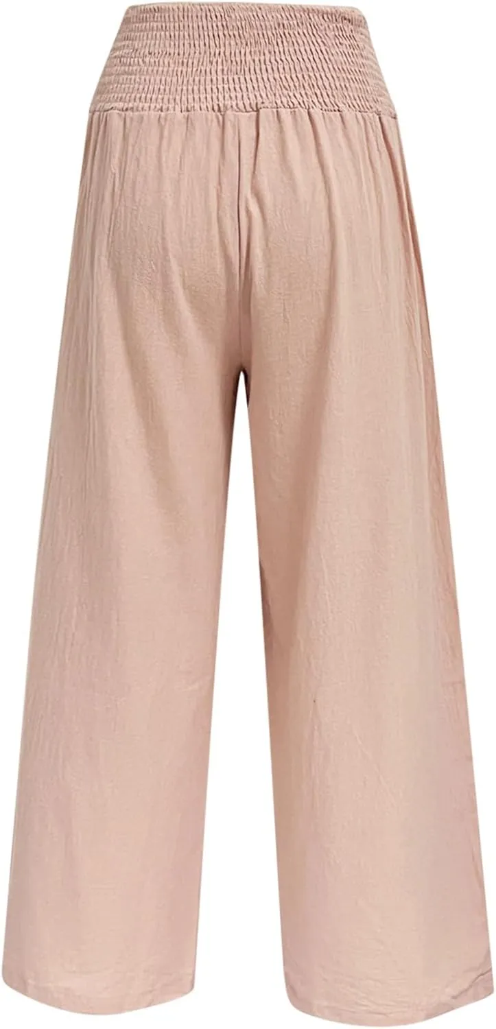 Women Linen Summer Y2K Fashion Pants Elastic Waist Wide Leg Loose Fit Palazzo Pants Office