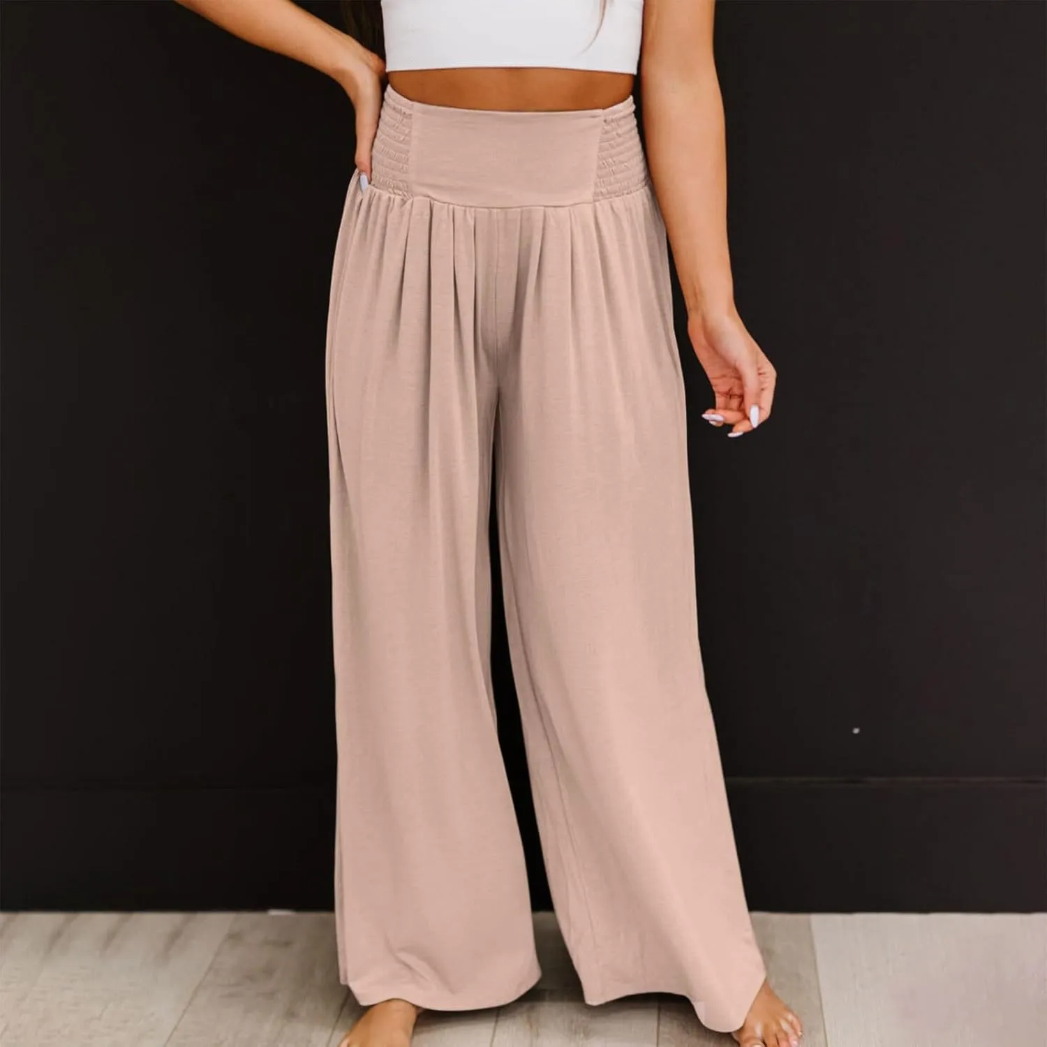 Women Linen Summer Y2K Fashion Pants Elastic Waist Wide Leg Loose Fit Palazzo Pants Office