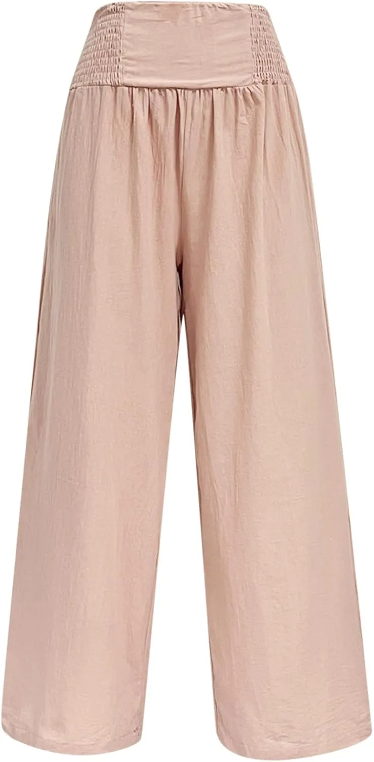 Women Linen Summer Y2K Fashion Pants Elastic Waist Wide Leg Loose Fit Palazzo Pants Office