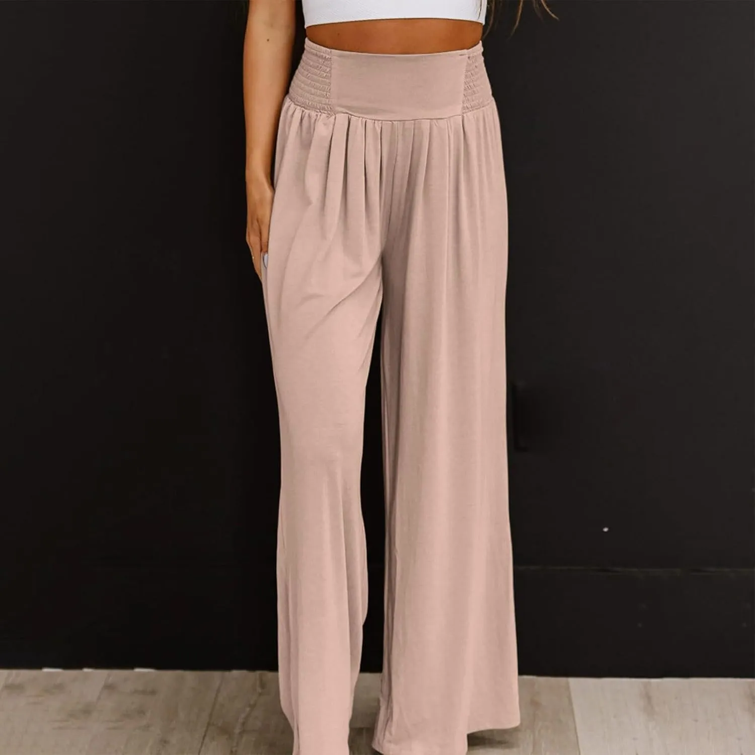 Women Linen Summer Y2K Fashion Pants Elastic Waist Wide Leg Loose Fit Palazzo Pants Office