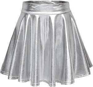 Women Pleated Skirt Fashion Shiny Metallic Dance Skirt High Waist Holographic Skirt A-Line Flared Mini Skater Skirts