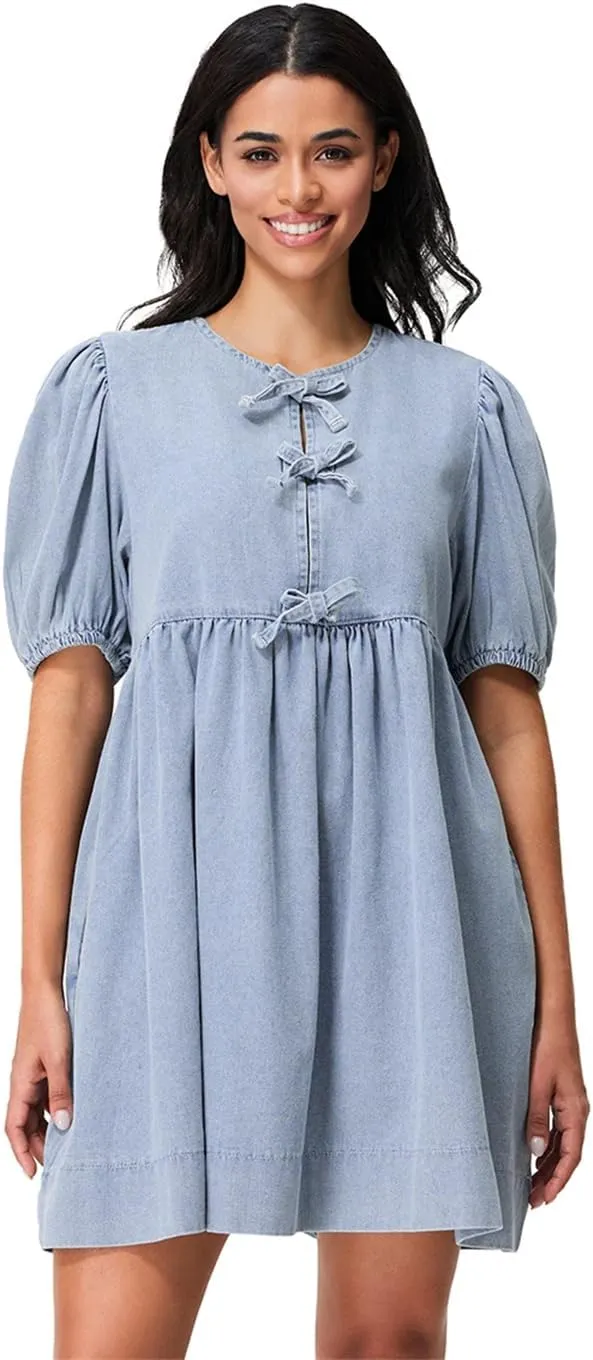 Women S Vintage Washed Denim with Tie Front Detail Round Neckline Puff Sleeves A-Line Dress