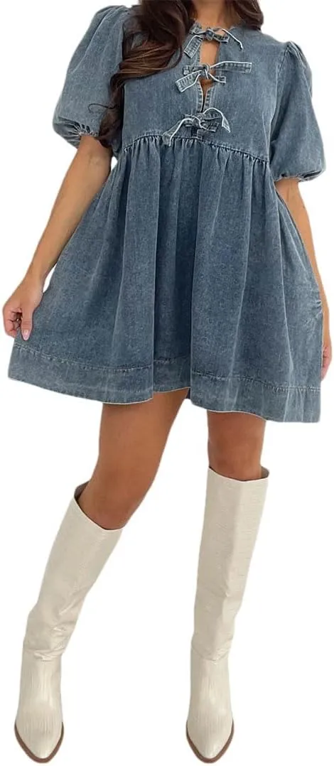 Women S Vintage Washed Denim with Tie Front Detail Round Neckline Puff Sleeves A-Line Dress