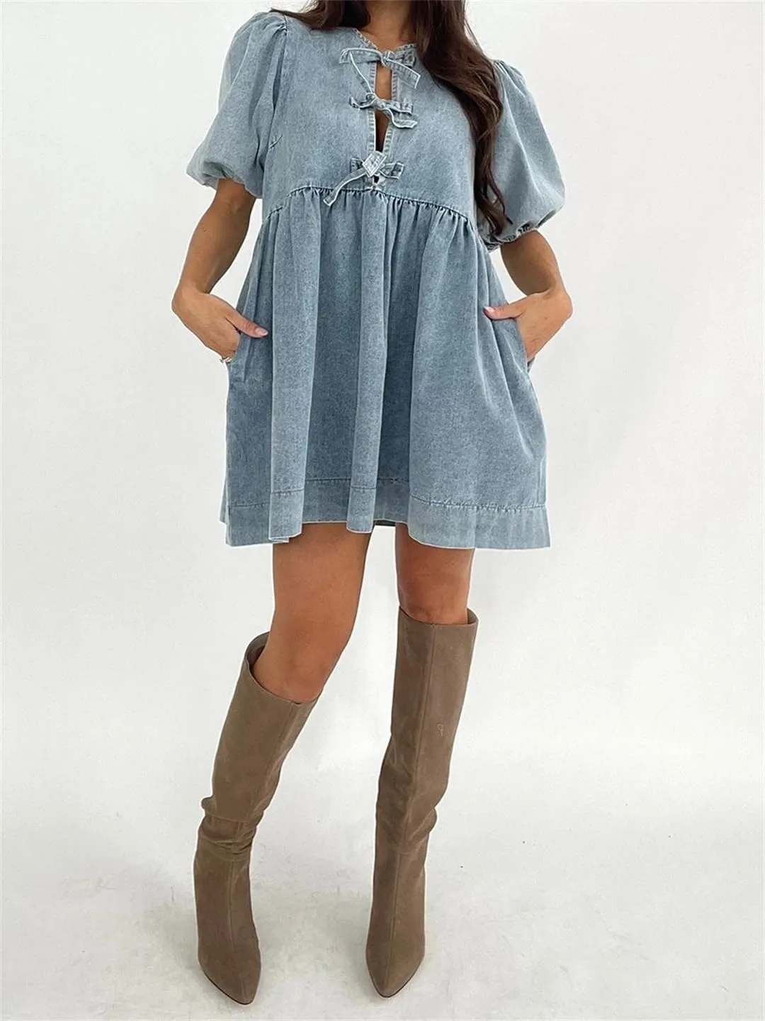 Women S Vintage Washed Denim with Tie Front Detail Round Neckline Puff Sleeves A-Line Dress