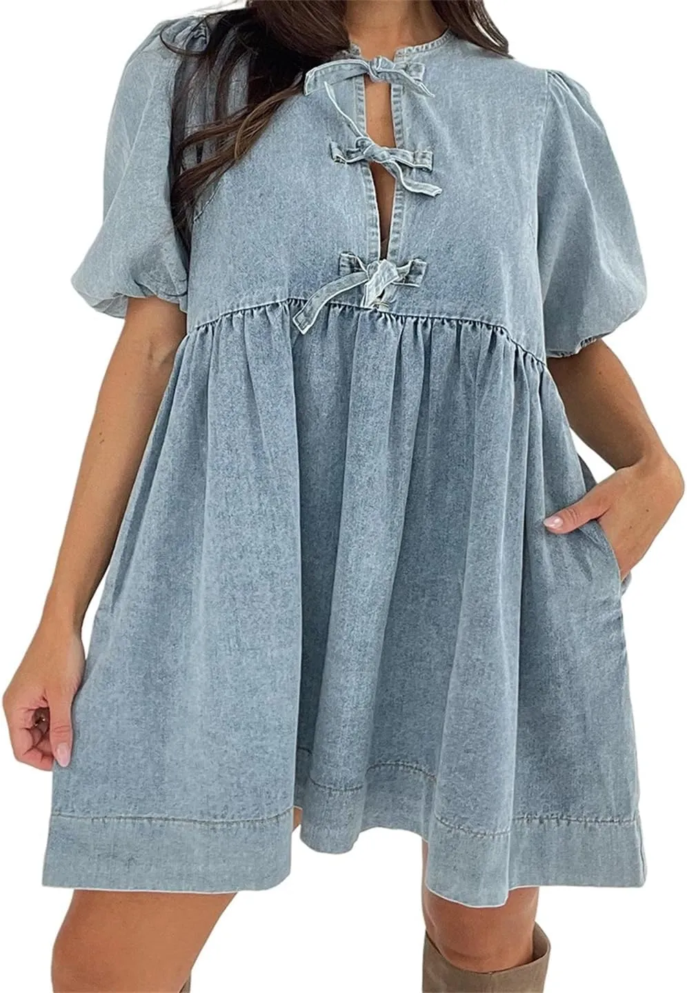 Women S Vintage Washed Denim with Tie Front Detail Round Neckline Puff Sleeves A-Line Dress