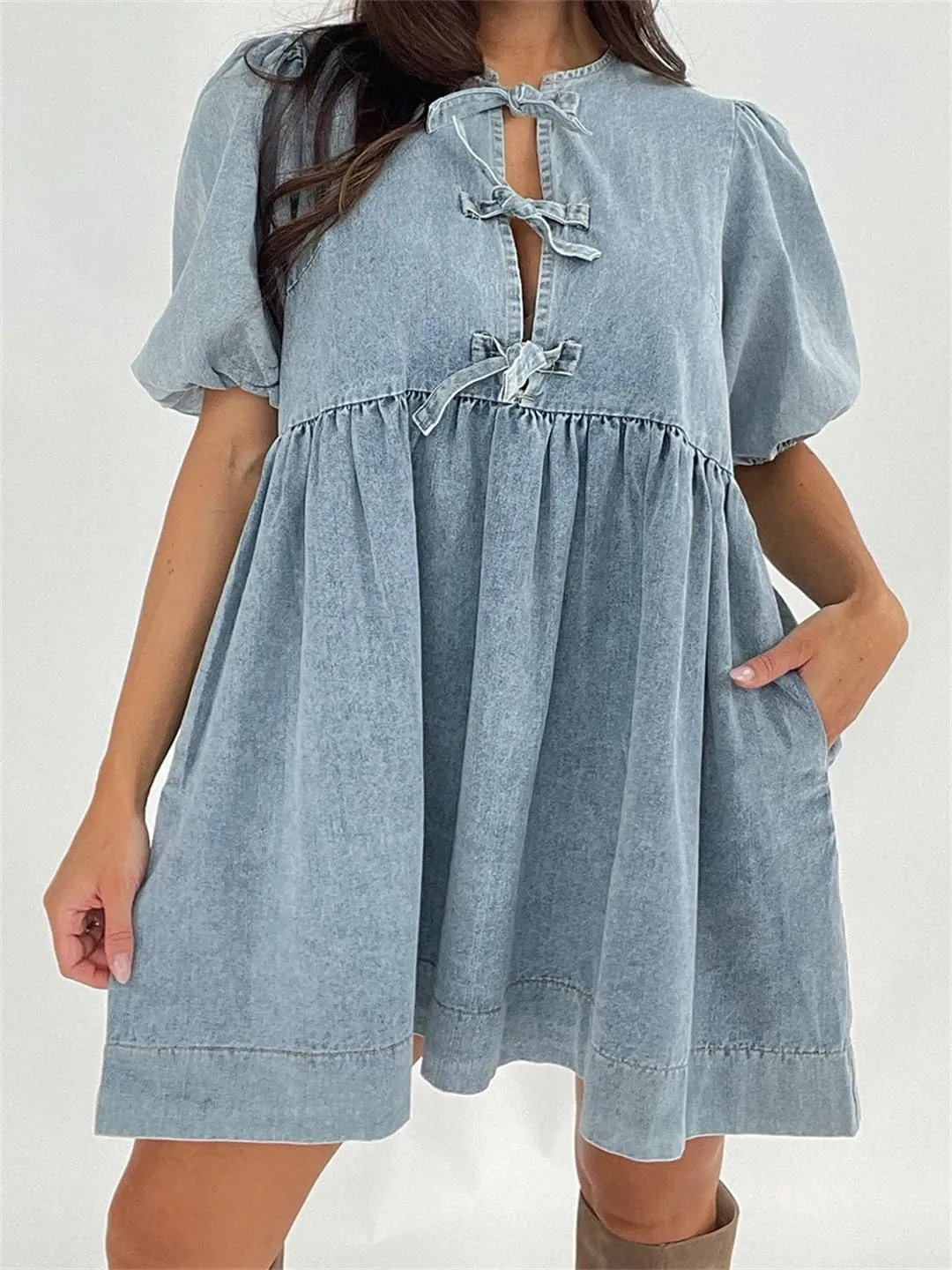Women S Vintage Washed Denim with Tie Front Detail Round Neckline Puff Sleeves A-Line Dress