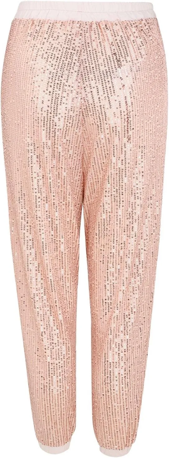 Women Sequin Flared Trousers Women's Glitter Sequin Trousers High Waist Stretchy Club Sequence Wide Leg Sequin Pants