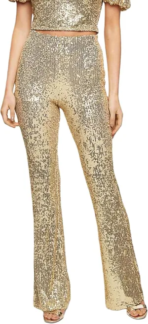 Women Sequins Wide Leg Pants High Waist Sparkle Glitter Trousers Bling Glitter Elastic Loose Flare Bell Bottom Shiny Pants