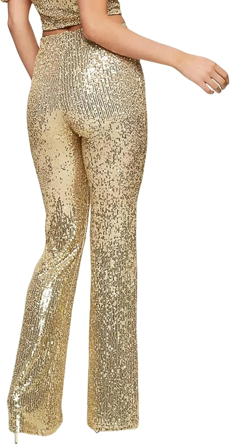 Women Sequins Wide Leg Pants High Waist Sparkle Glitter Trousers Bling Glitter Elastic Loose Flare Bell Bottom Shiny Pants