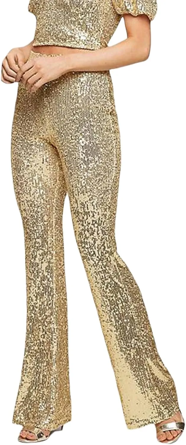 Women Sequins Wide Leg Pants High Waist Sparkle Glitter Trousers Bling Glitter Elastic Loose Flare Bell Bottom Shiny Pants