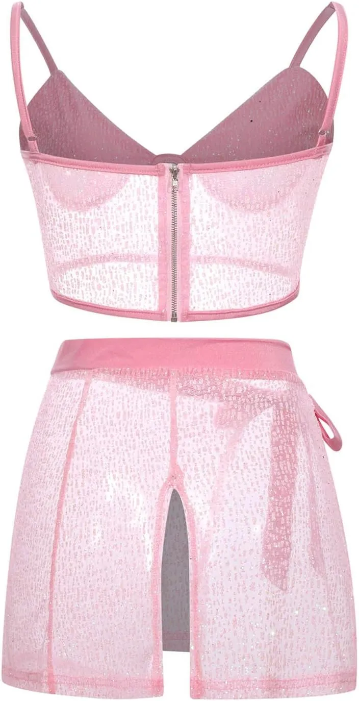 Women Sexy Bikini Sequin Sets 2 Piece Summer Beach Vacation Swimsuit Camis Bra Tops and Split Wrap Skirt Matching Set