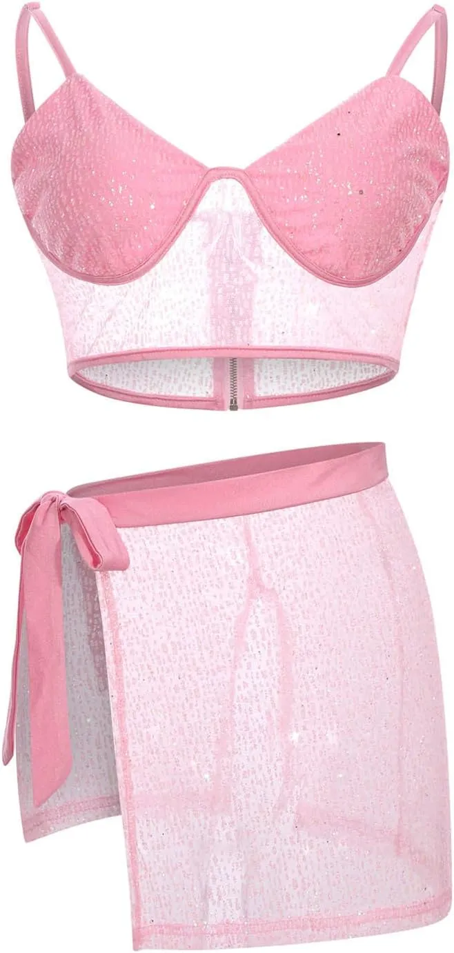 Women Sexy Bikini Sequin Sets 2 Piece Summer Beach Vacation Swimsuit Camis Bra Tops and Split Wrap Skirt Matching Set