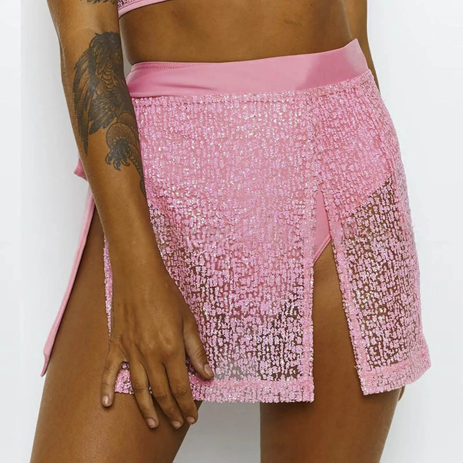 Women Sexy Bikini Sequin Sets 2 Piece Summer Beach Vacation Swimsuit Camis Bra Tops and Split Wrap Skirt Matching Set