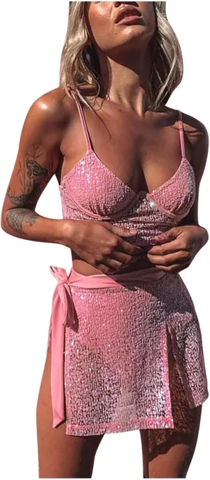 Women Sexy Bikini Sequin Sets 2 Piece Summer Beach Vacation Swimsuit Camis Bra Tops and Split Wrap Skirt Matching Set