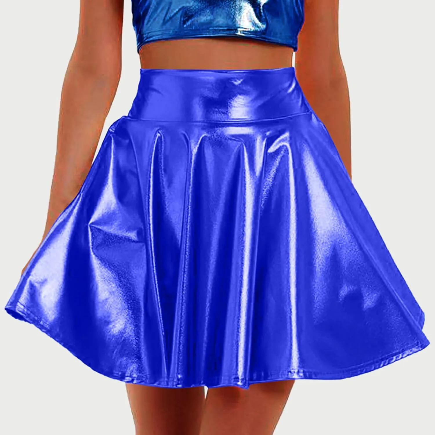 Women Shiny Metallic Skirt Flared Pleated A-Line Skater Skirts High Waisted Holographic Skirt Dance Party Nightclub