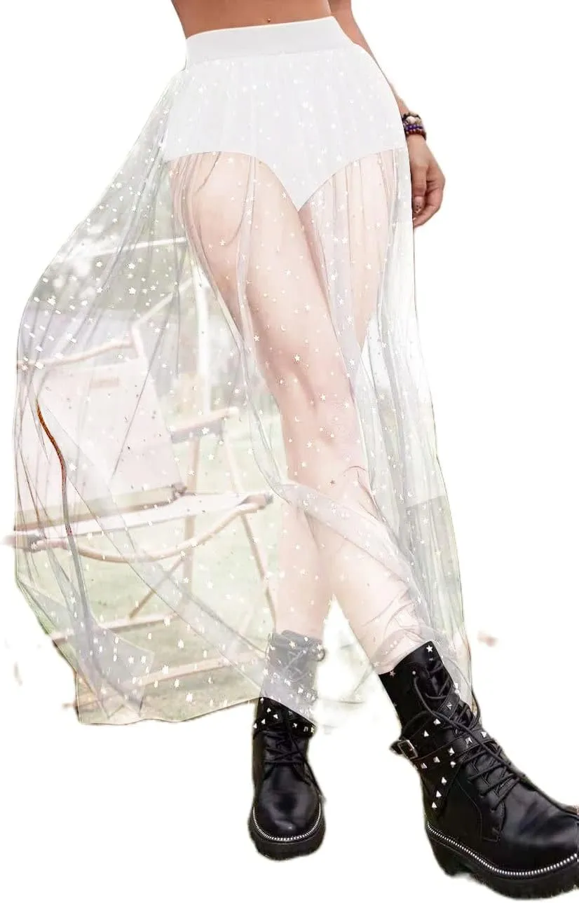 Women Tulle Tutu Long Skirts Wedding Party Cocktail 2 in 1 Galaxy Sheer Mesh Sparkly High Waist Prom Maxi Skirt
