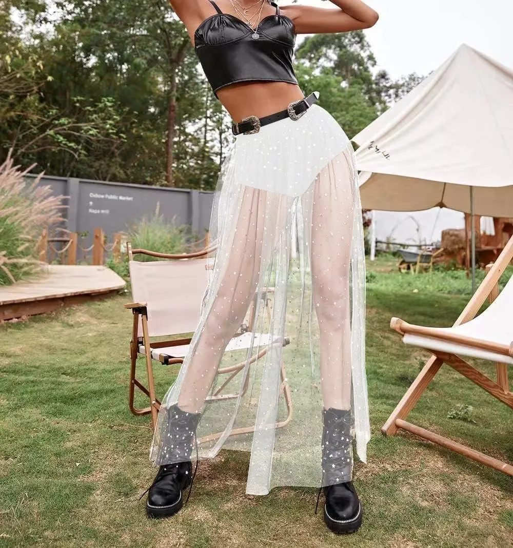 Women Tulle Tutu Long Skirts Wedding Party Cocktail 2 in 1 Galaxy Sheer Mesh Sparkly High Waist Prom Maxi Skirt