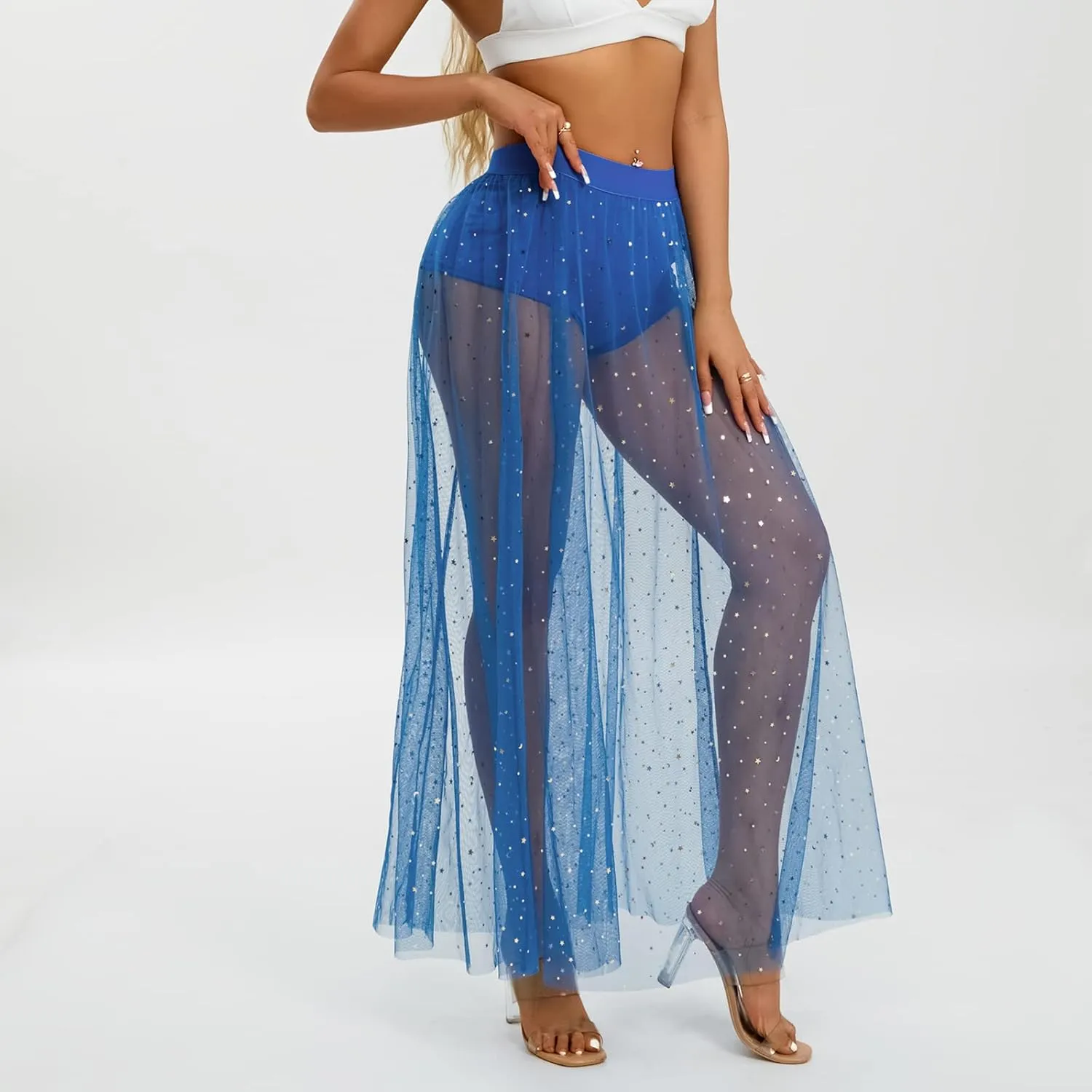 Women Tulle Tutu Long Skirts Wedding Party Cocktail 2 in 1 Galaxy Sheer Mesh Sparkly High Waist Prom Maxi Skirt